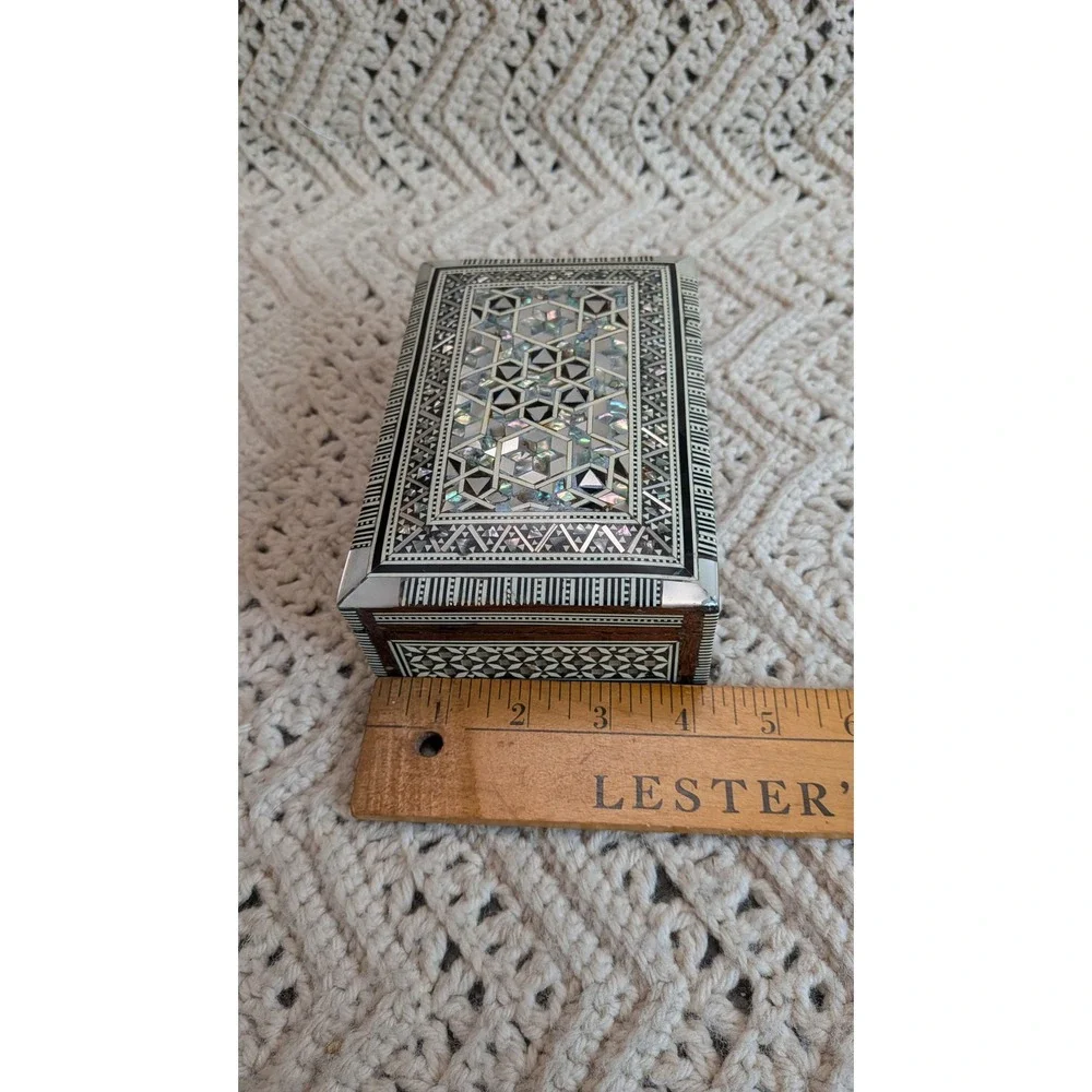 Vintage Mosaic Marquetry Wood Jewelry Box Mother of Pearl Inlay Keepsake